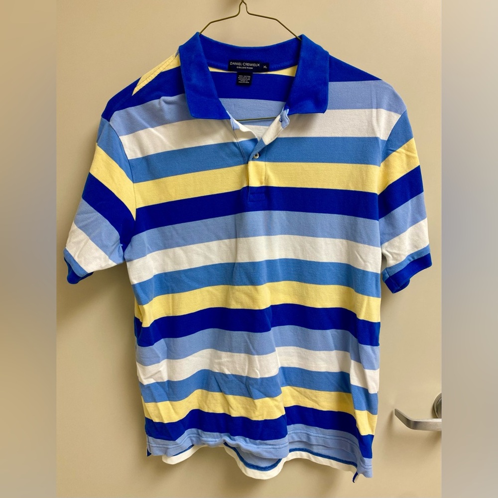 Daniel Cremieux Mens Short Sleeve Polo Shirt Size XL Blue/Yellow/White Stripe - Picture 1 of 5